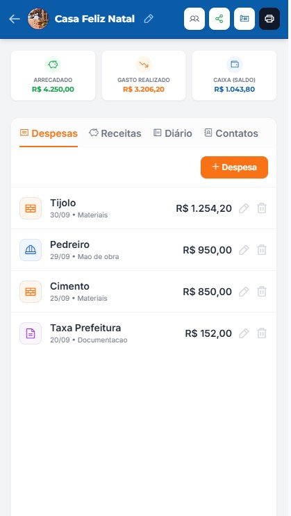 Tela de despesas do Nivelou
